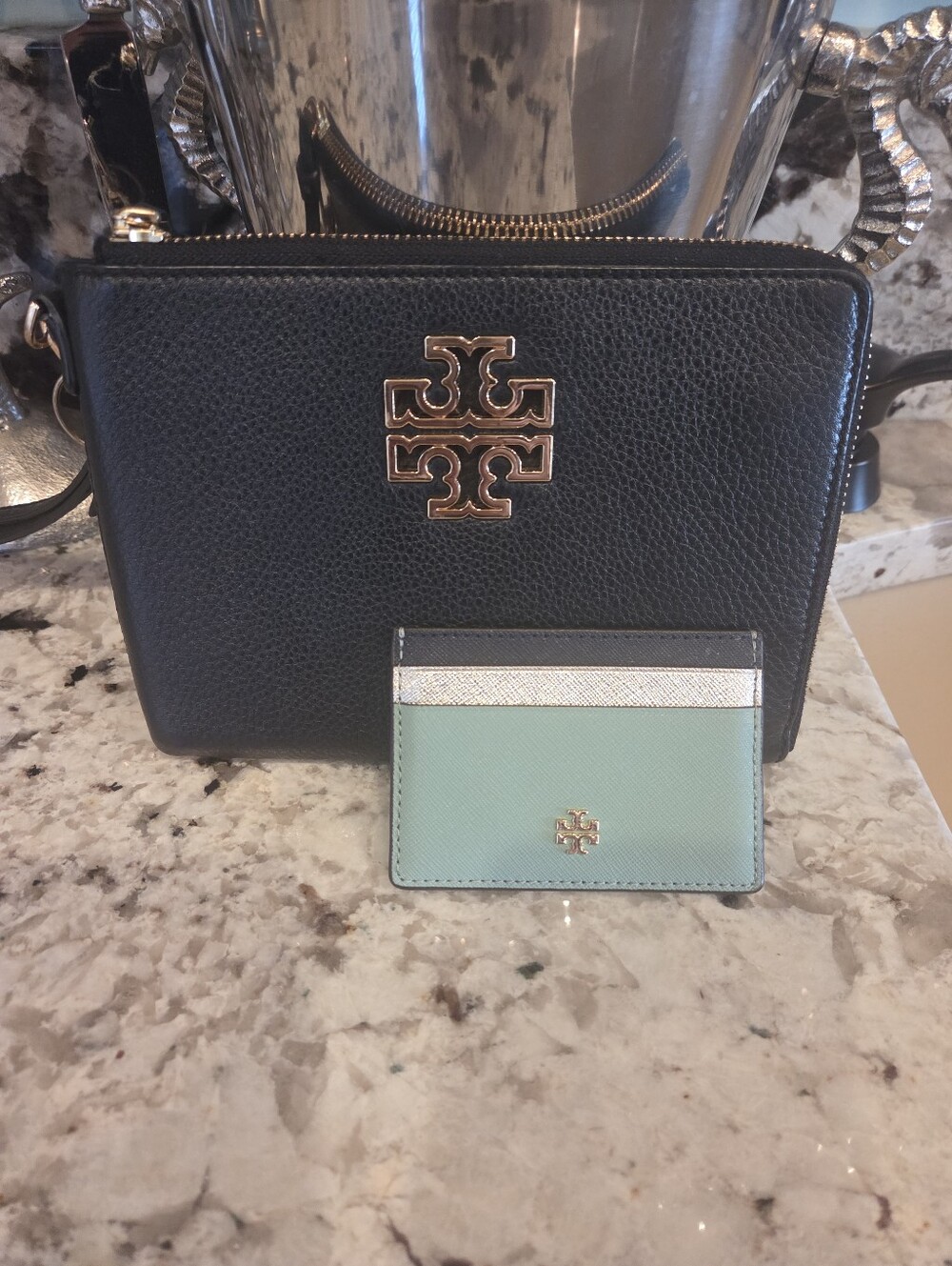 Tory Burch Black Leather Wristlet with Gold Logo And Cardholder